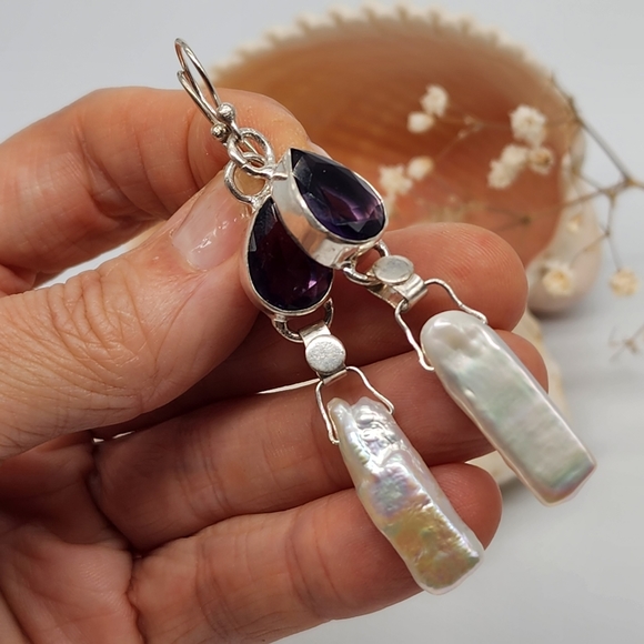 Natural Amethyst Natural Irregular Pearls Stones Silver 925 Earrings - Picture 9 of 10